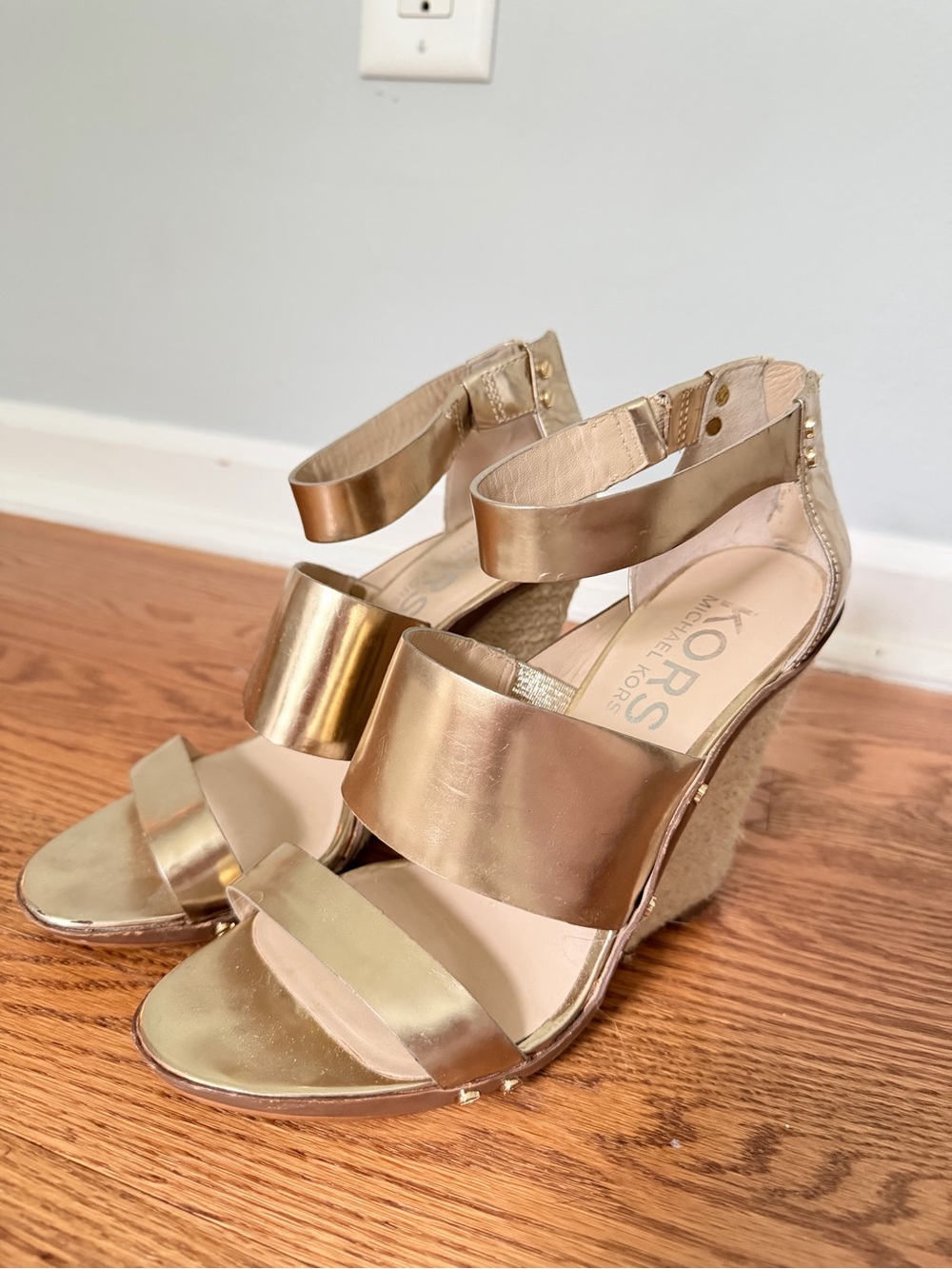 Michael Kors Metallic Gold Wedge Sandals with Ankle Strap